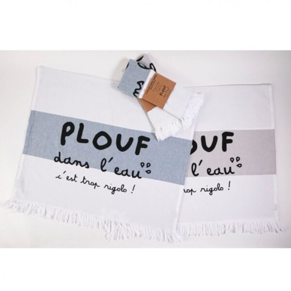 DRAP DE PLAGE 75X125 PLOUF DANS L'EAU BLANC ET GRIS