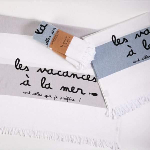 DRAP DE PLAGE 90X180 - LES VACANCES À LA MER GRIS ET BLANC