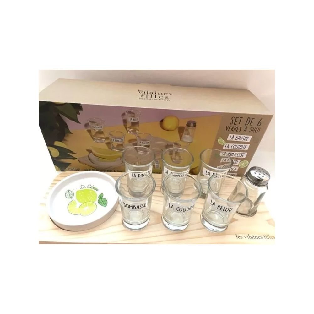 COFFRET 6 VERRES À SHOT AVEC PLATEAU, SALIÈRE ET COUPELLE