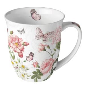 TASSE PORCELAINE 40CL - FLEURS ROSES ET PAPILLONS