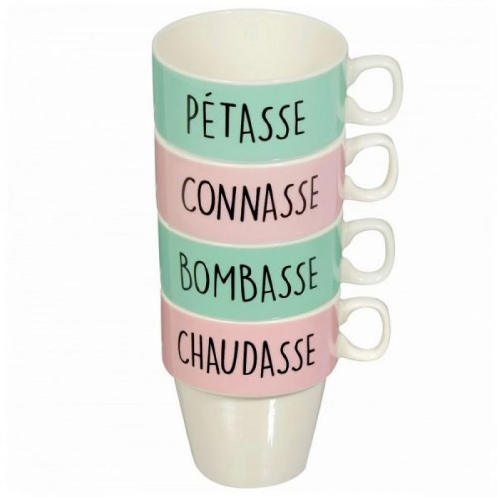 SET DE 4 TASSES & SUPPORT LES VILAINES FILLES - PETASSE, CONNASSE