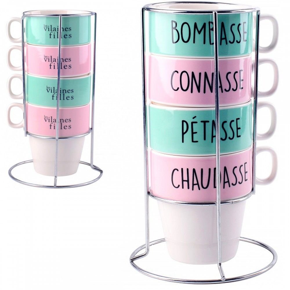 SET DE 4 TASSES & SUPPORT LES VILAINES FILLES - PETASSE, CONNASSE – Image 3