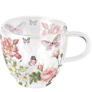 TASSE DOUBLE PAROI - FLEURS ROSES ET PAPILLONS