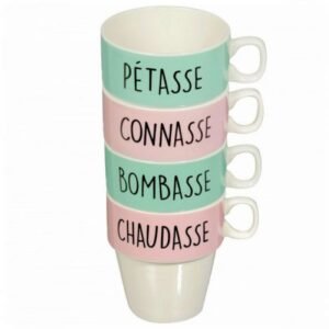 SET DE 4 TASSES & SUPPORT LES VILAINES FILLES - PETASSE, CONNASSE